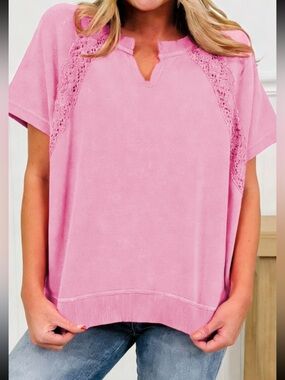 1234. Pink mineral wash lace patchwork short-sleeve t shirt